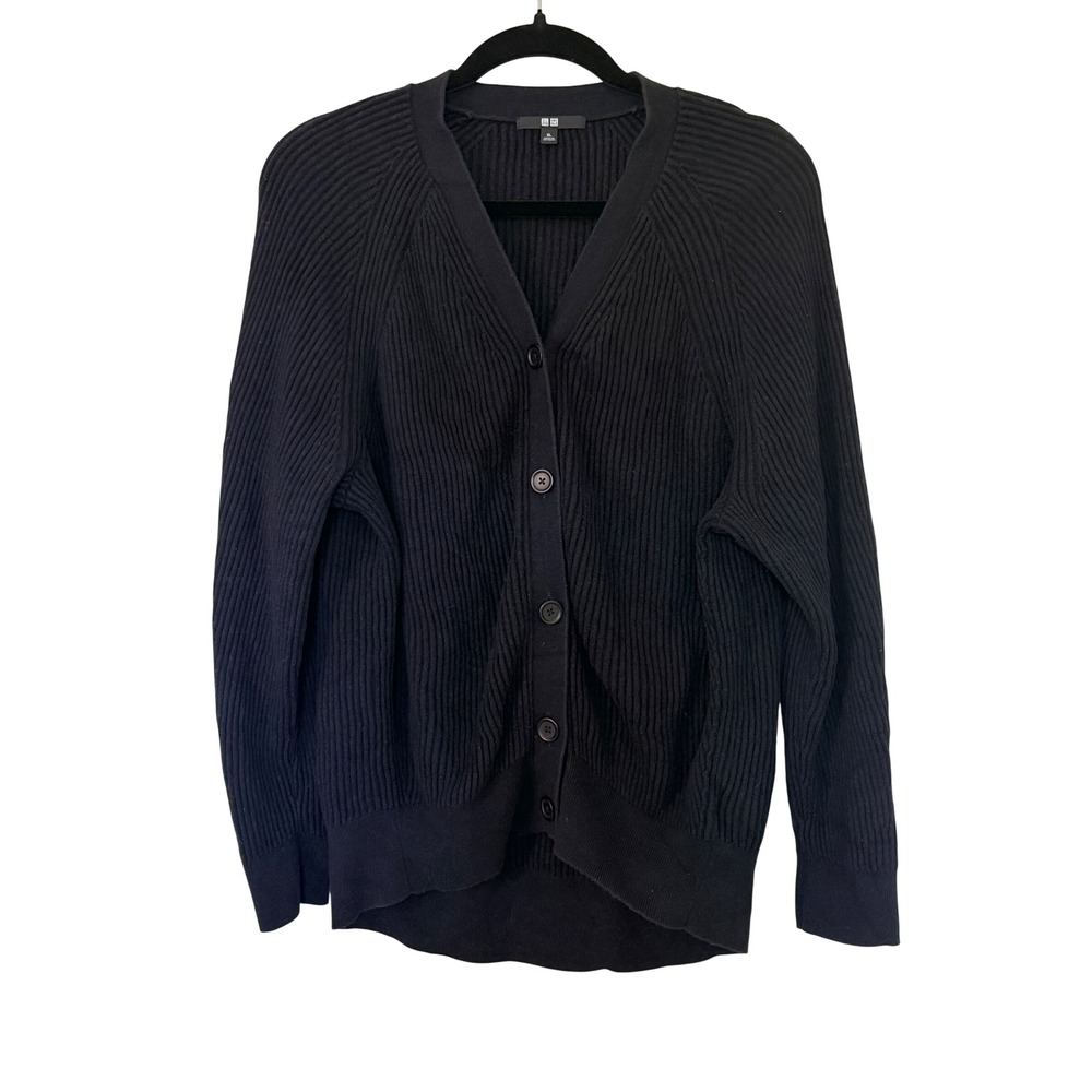 Uniqlo Womens XL Black Ribbed Cotton Cashmere V-Neck Button Front Cardigan